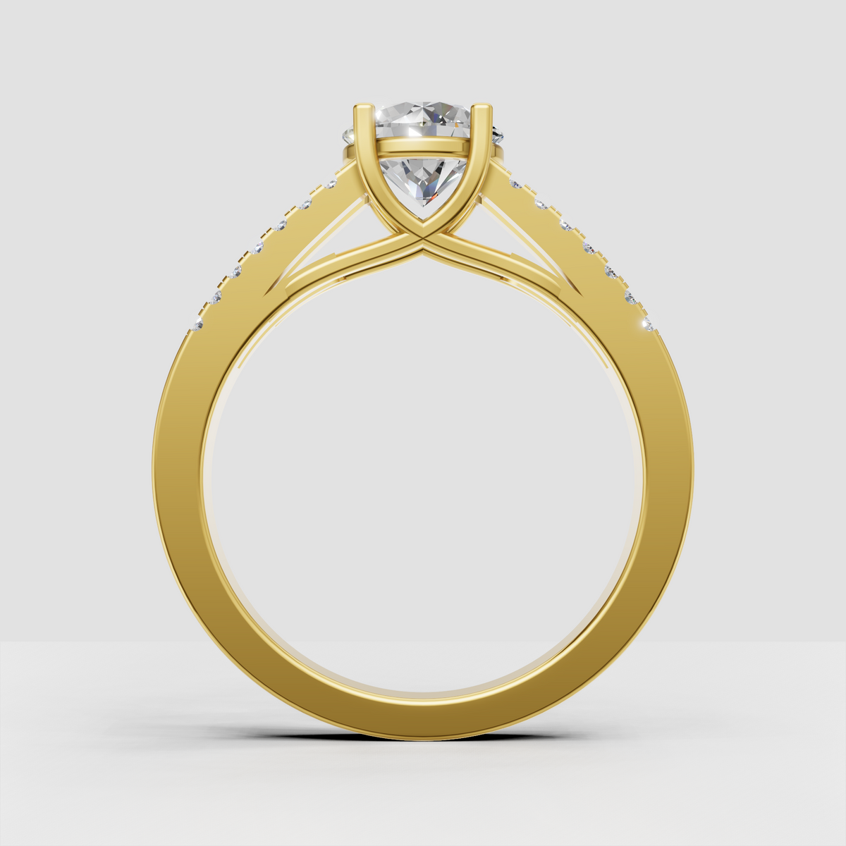 Round brilliant Diamond ring featuring a double-row pavé split-shank band