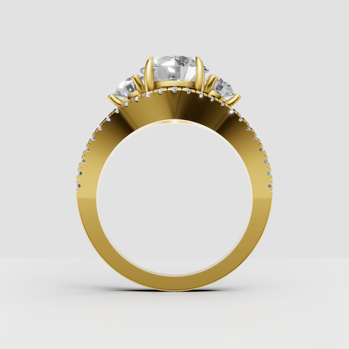Yellow gold round cut diamond three stone ring
