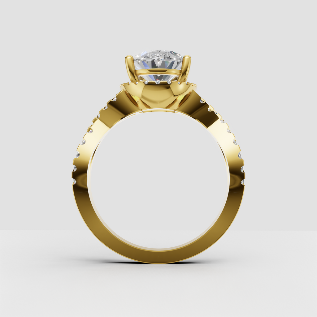 Oval center Diamond ring with four-prong setting and halo