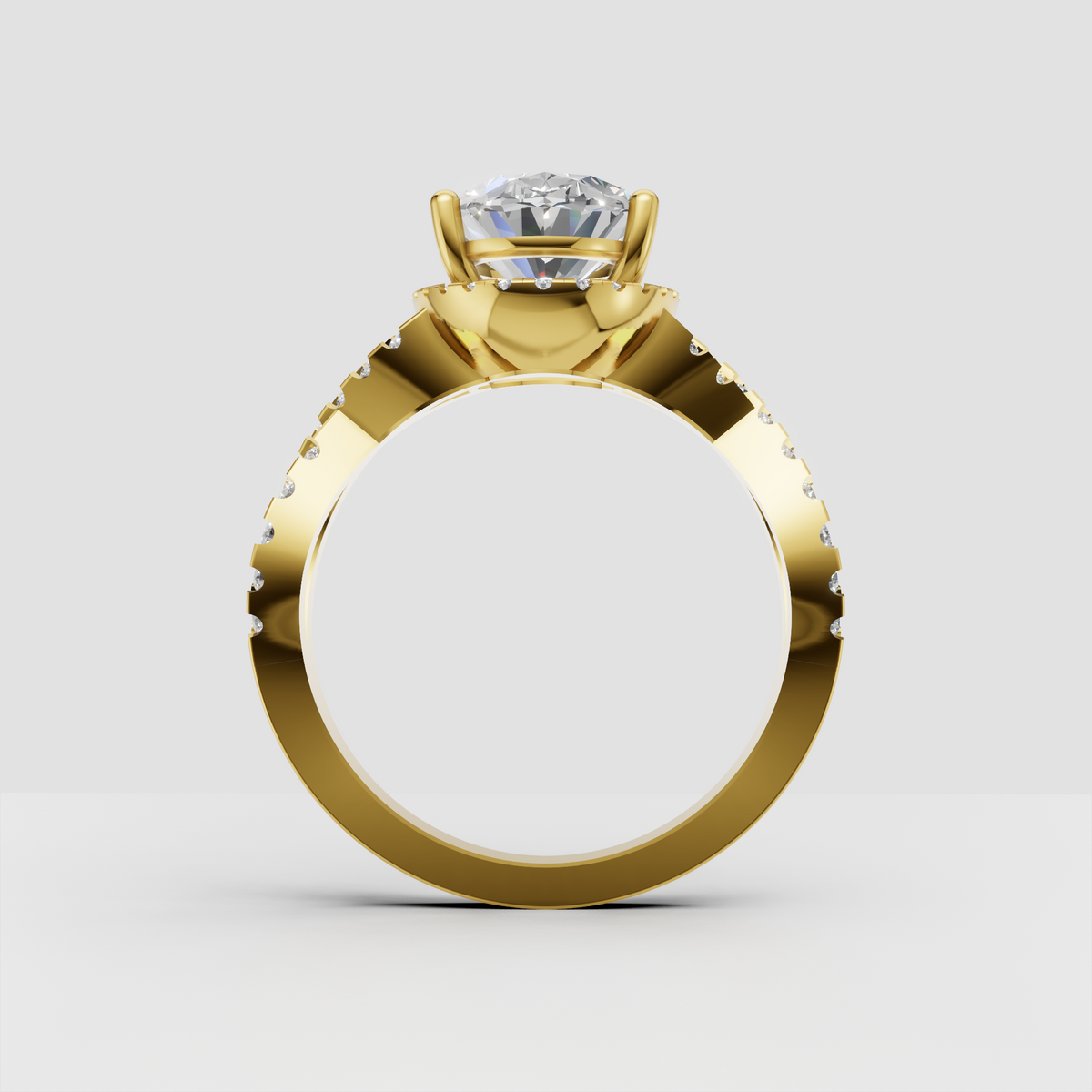 Oval center Diamond ring with four-prong setting and halo