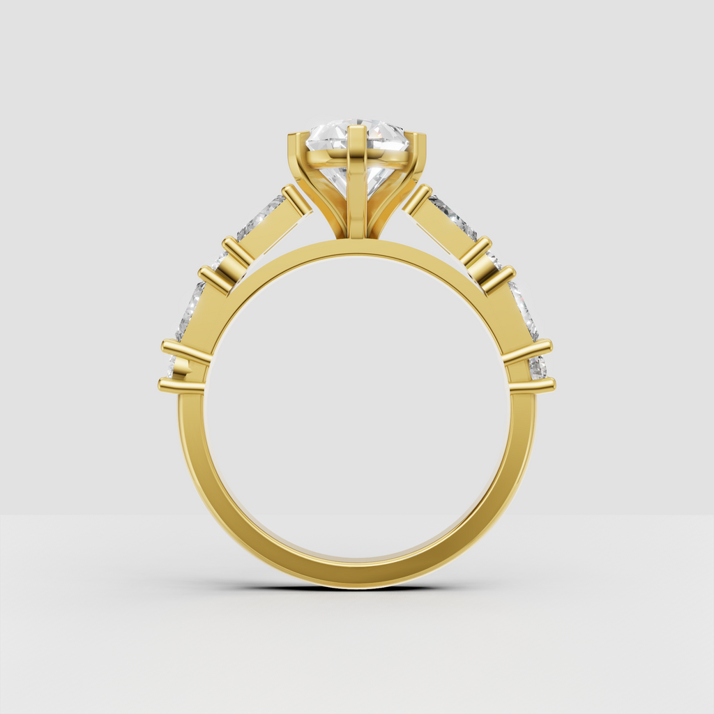 Six-prong pear diamond ring with detailed side stone band