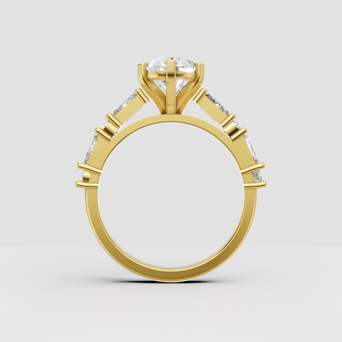 Six-prong pear diamond ring with detailed side stone band