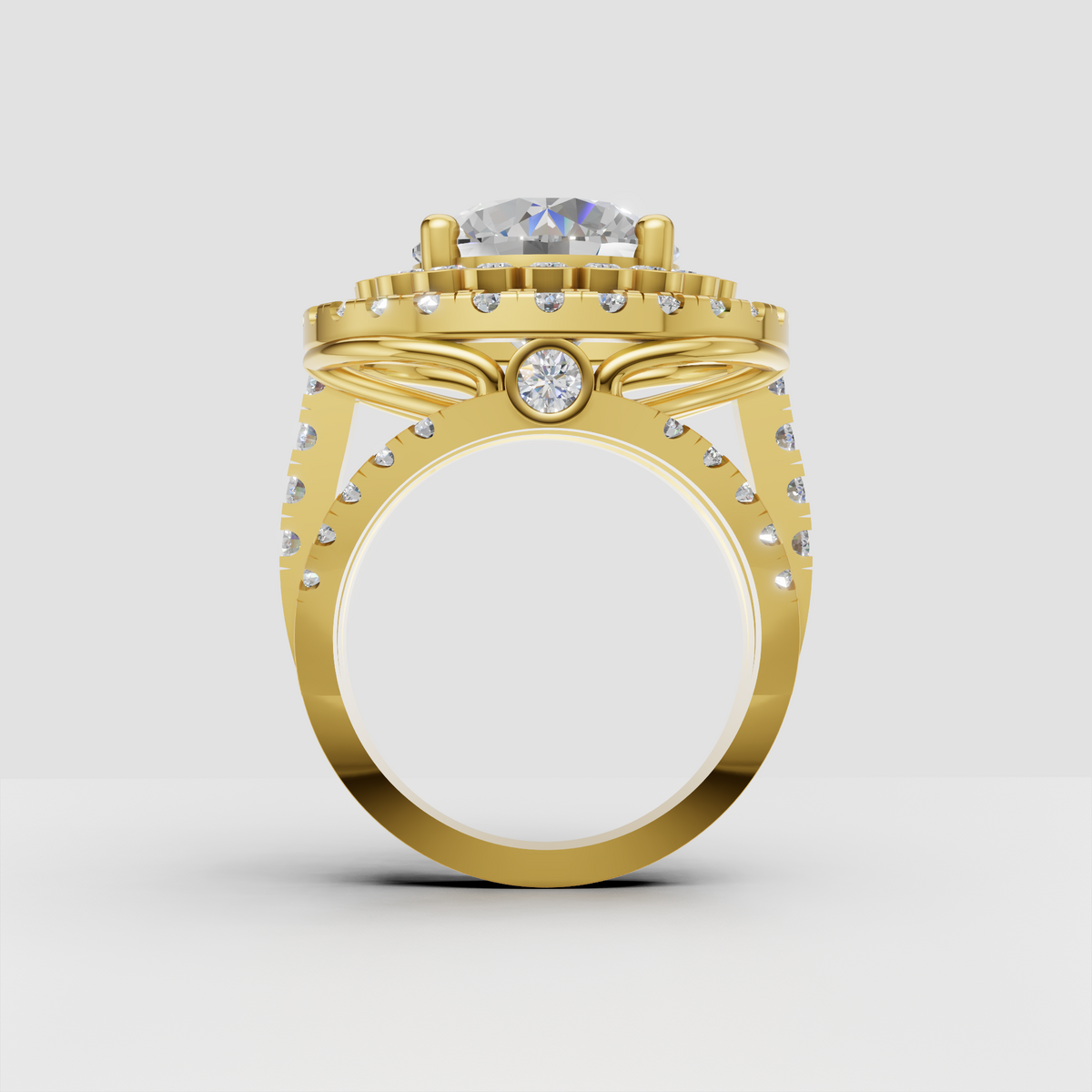Round diamond double halo engagement ring with ornate openwork details