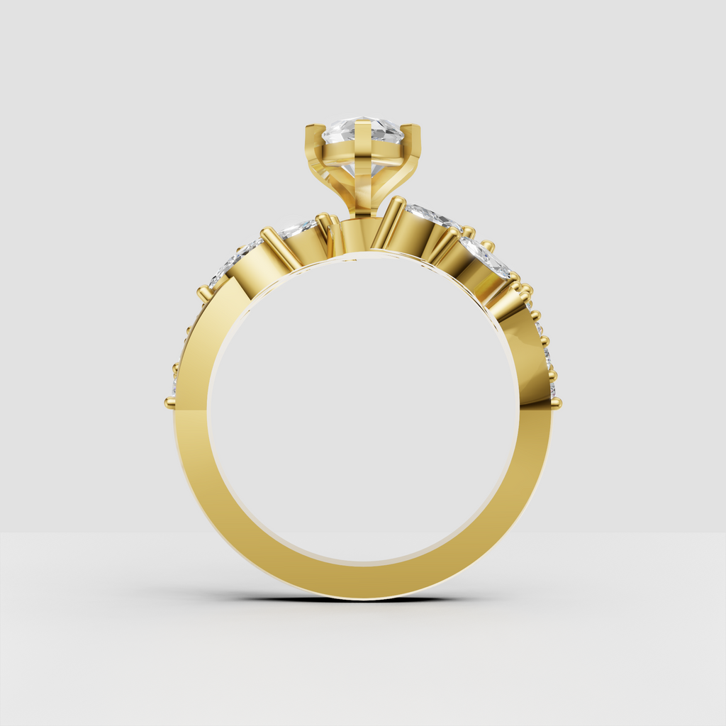 Yellow gold marquise diamond bypass ring with round accents
