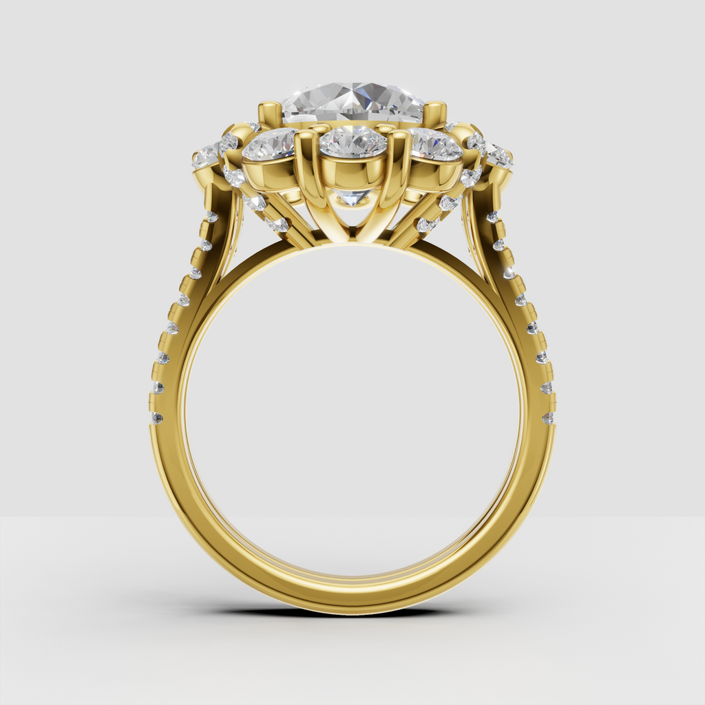 Floral cluster round diamond engagement ring with split shank