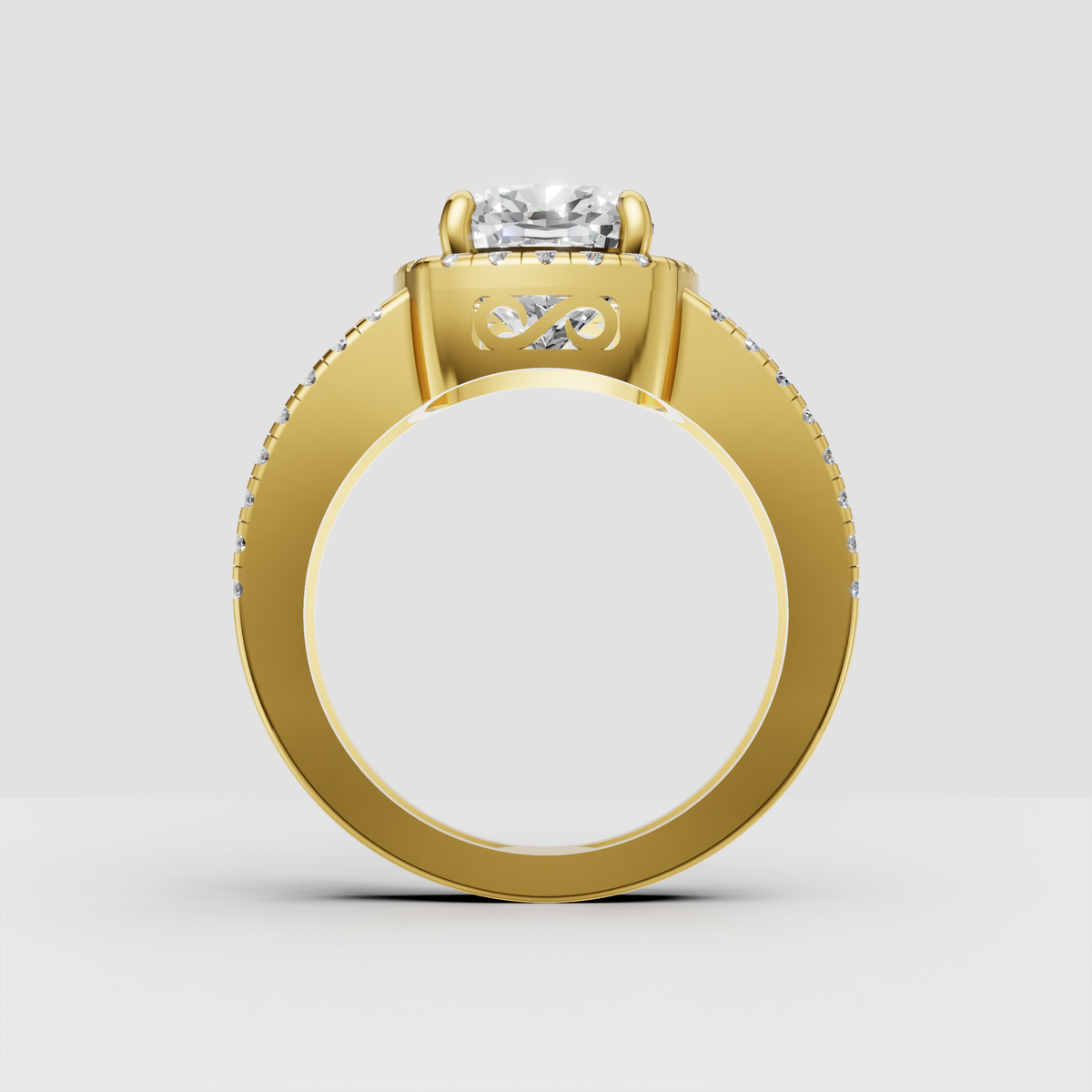 Cushion cut halo ring with pave split shank