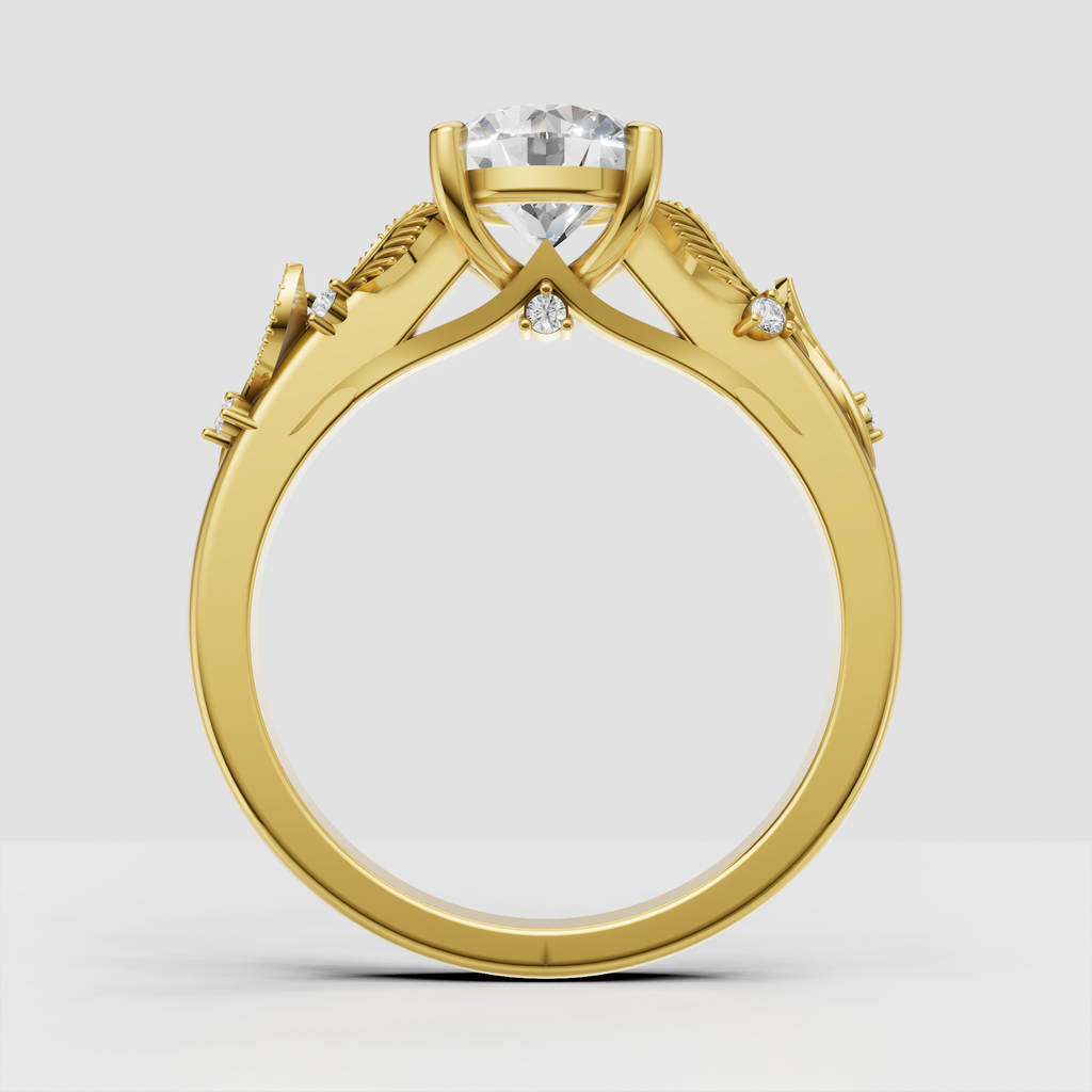 Round solitaire diamond ring with intricate leaf-inspired side design