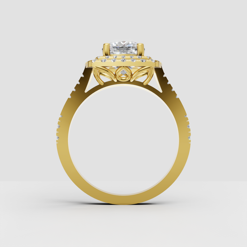 Cushion cut diamond ring with four prong center setting