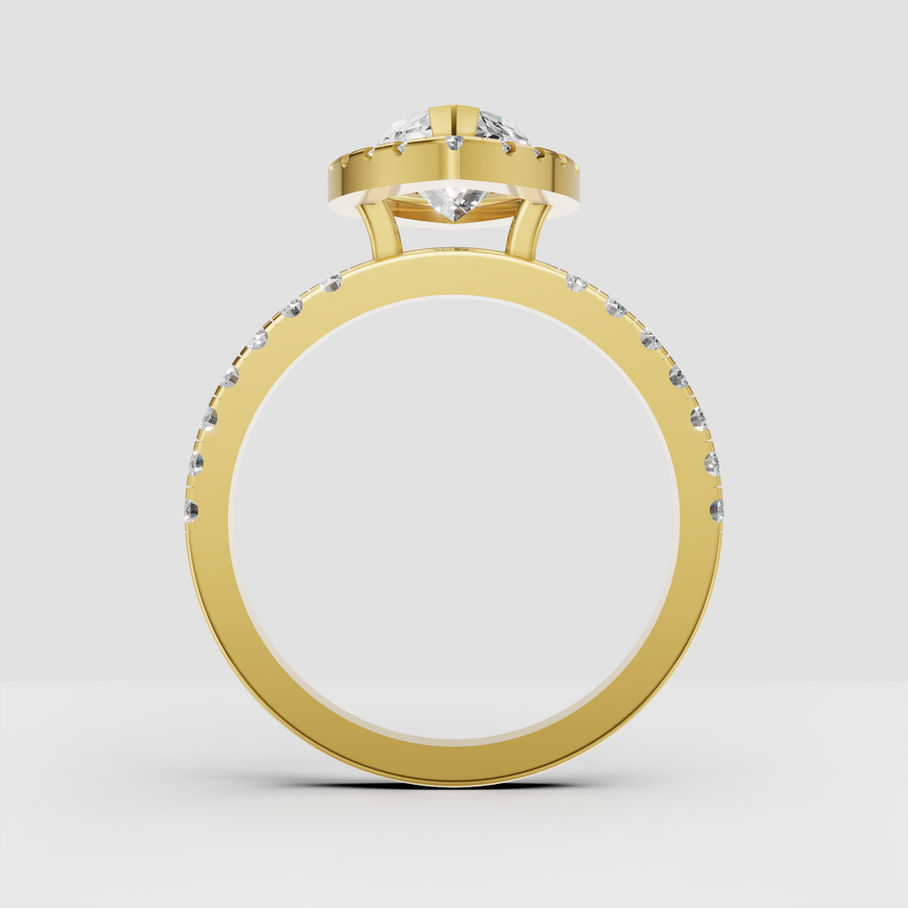 Marquise diamond halo engagement ring with a polished gold shank.