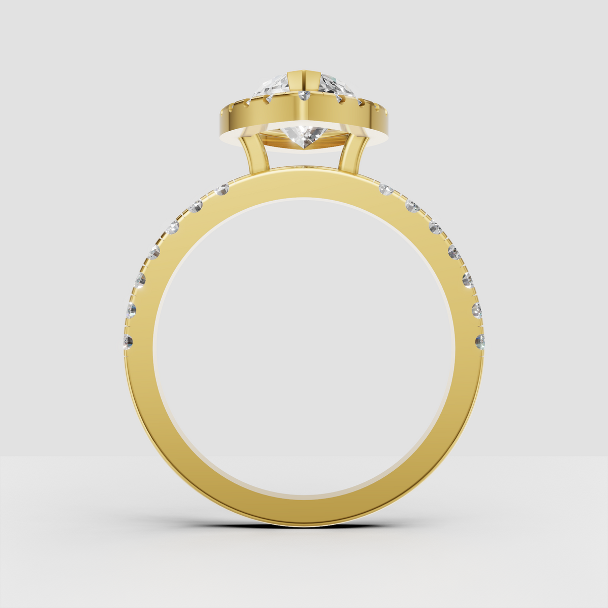 Marquise diamond halo engagement ring with a polished gold shank.