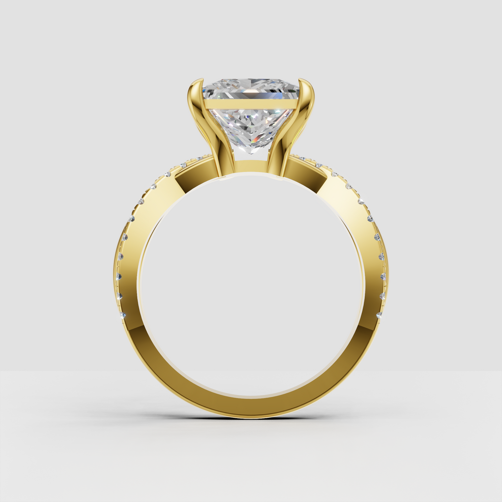 Yellow gold princess cut diamond engagement ring with pavé shoulders