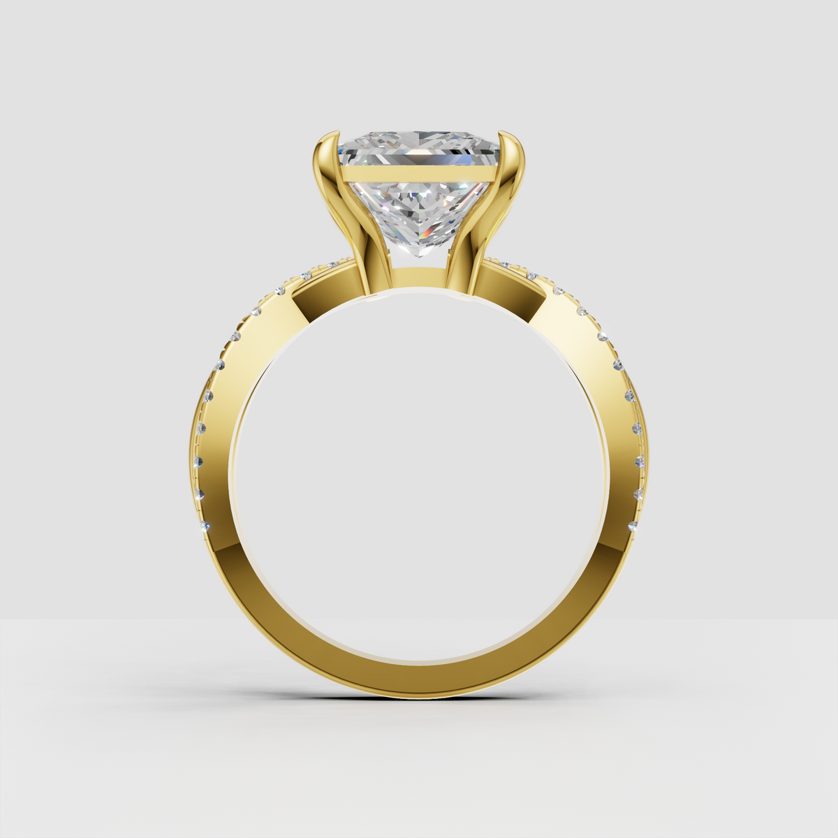 Yellow gold princess cut diamond engagement ring with pavé shoulders