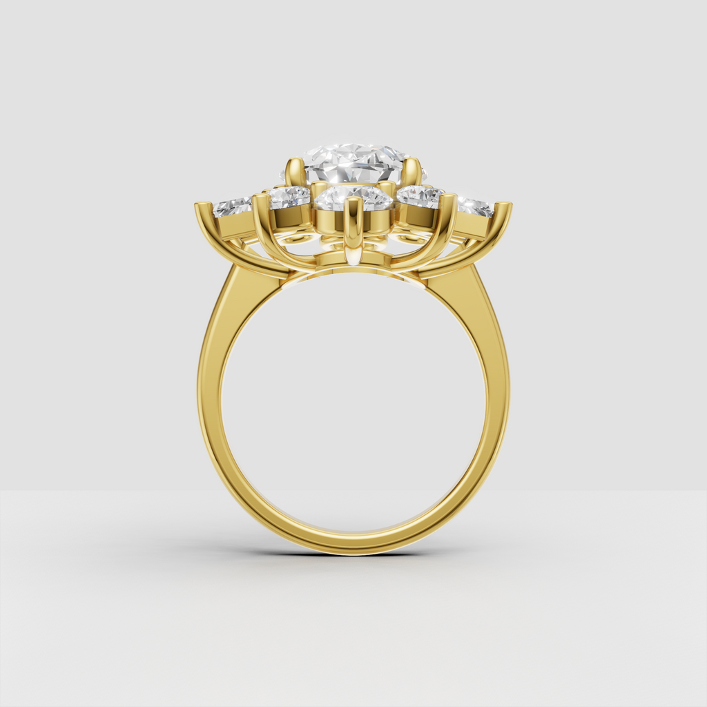 Oval center diamond surrounded by round and baguette accent stones