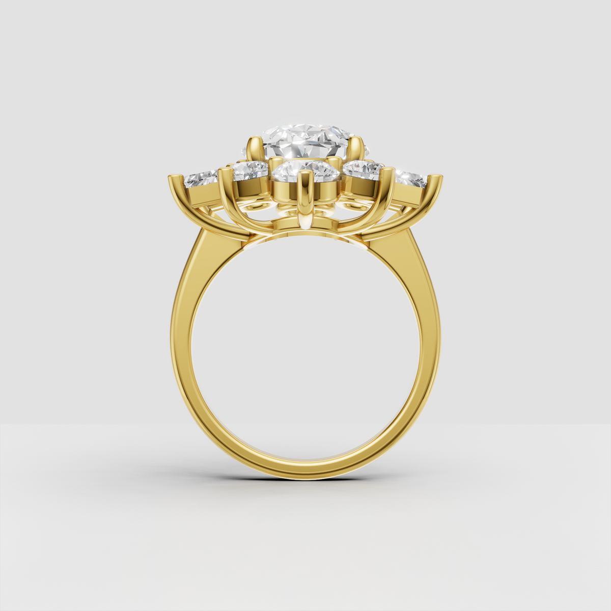 Oval center diamond surrounded by round and baguette accent stones
