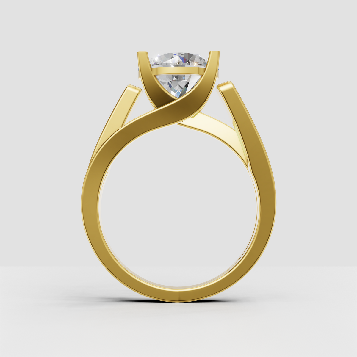 Round cut diamond ring with four-prong basket setting and polished gold band