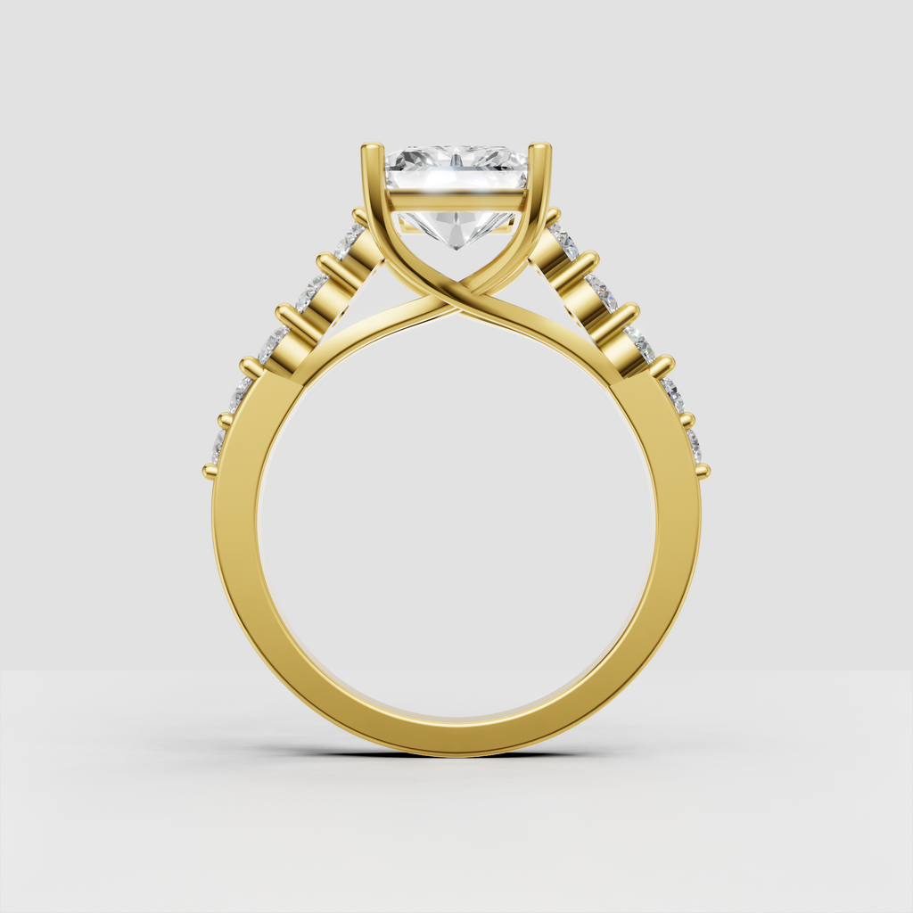 Radiant cut engagement ring featuring sparkling round side stones