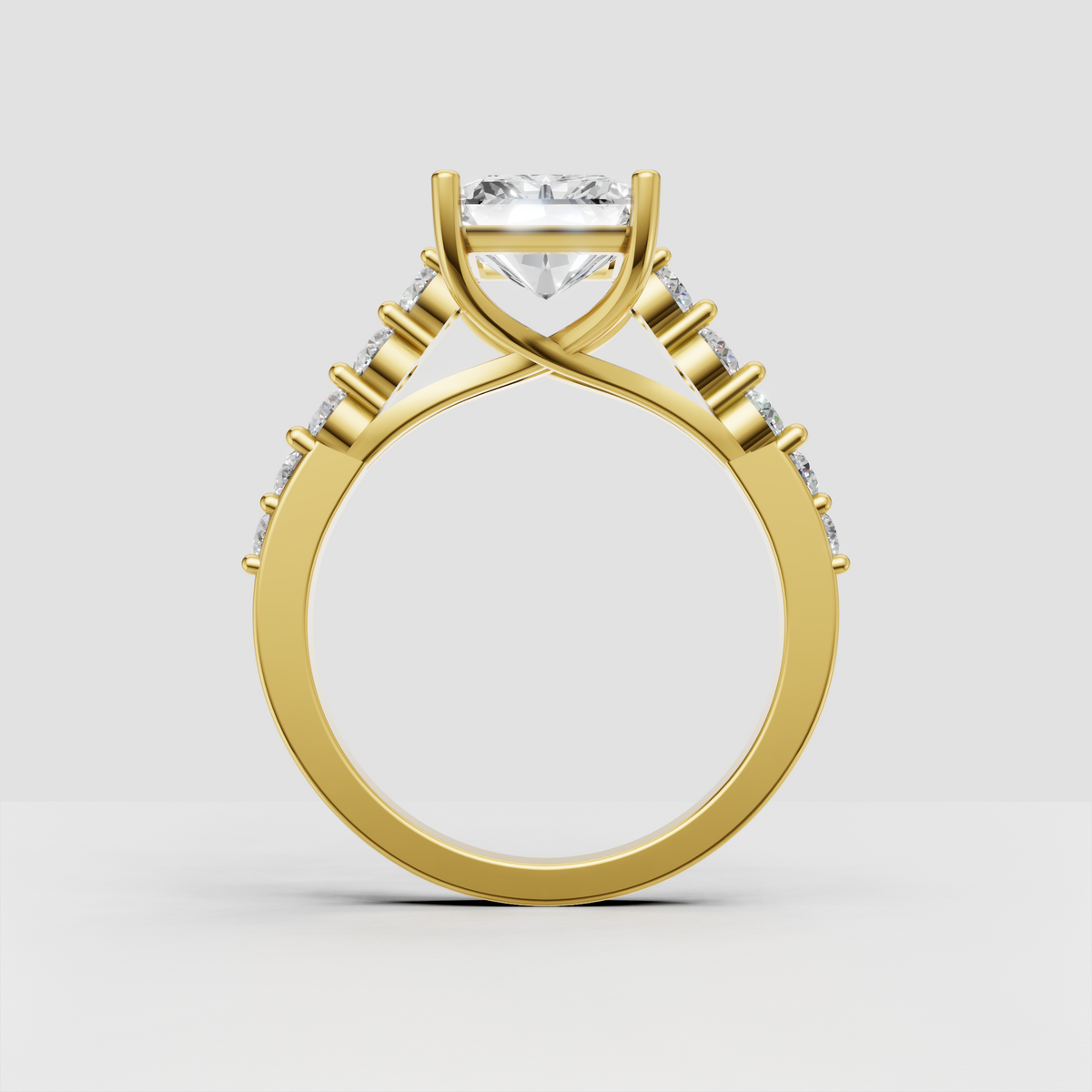 Radiant cut engagement ring featuring sparkling round side stones