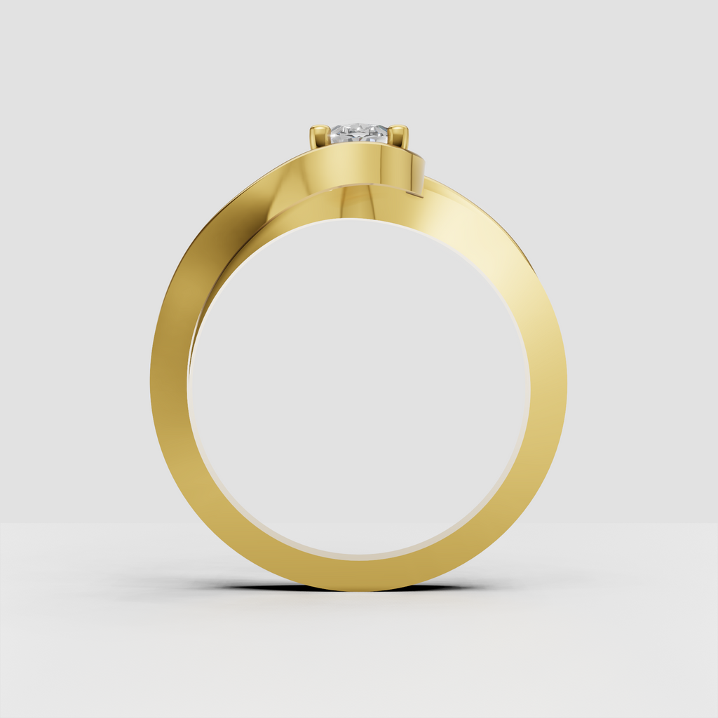 Yellow gold oval diamond ring with sculpted bypass curves and four prong setting