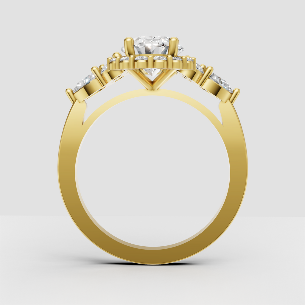 Oval diamond engagement ring with round halo and pear side stones