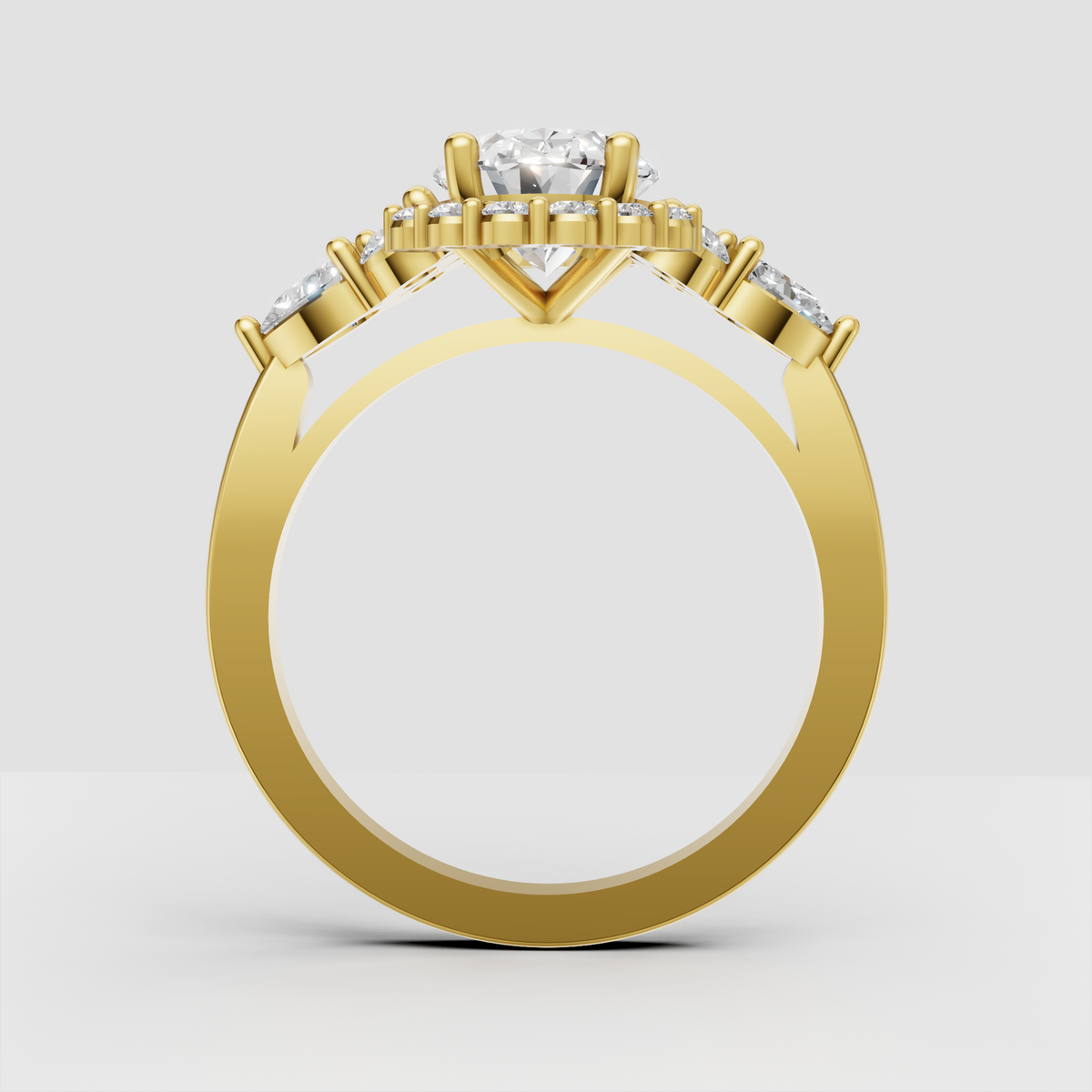 Oval diamond engagement ring with round halo and pear side stones