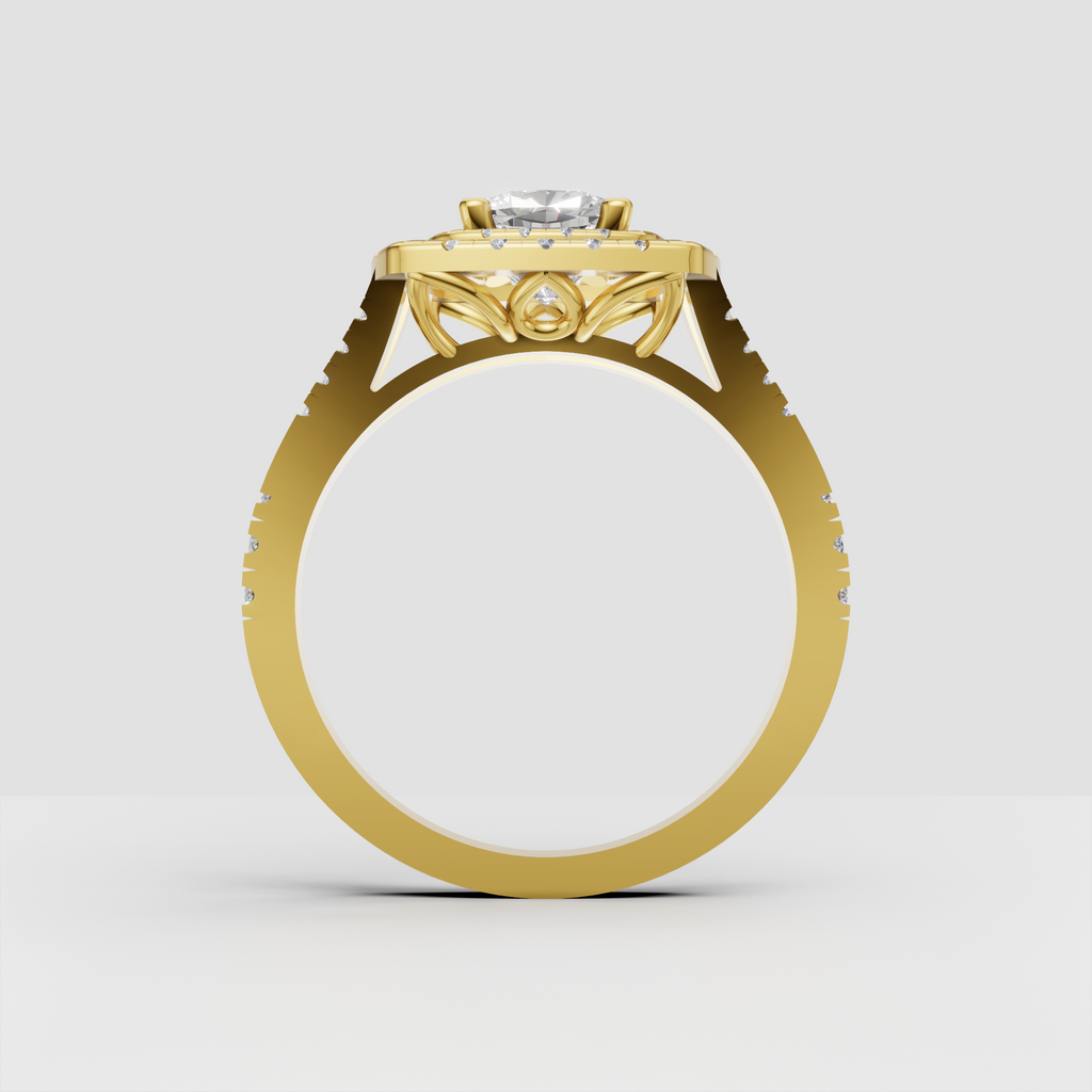 Yellow gold cushion cut diamond ring with split pave shank