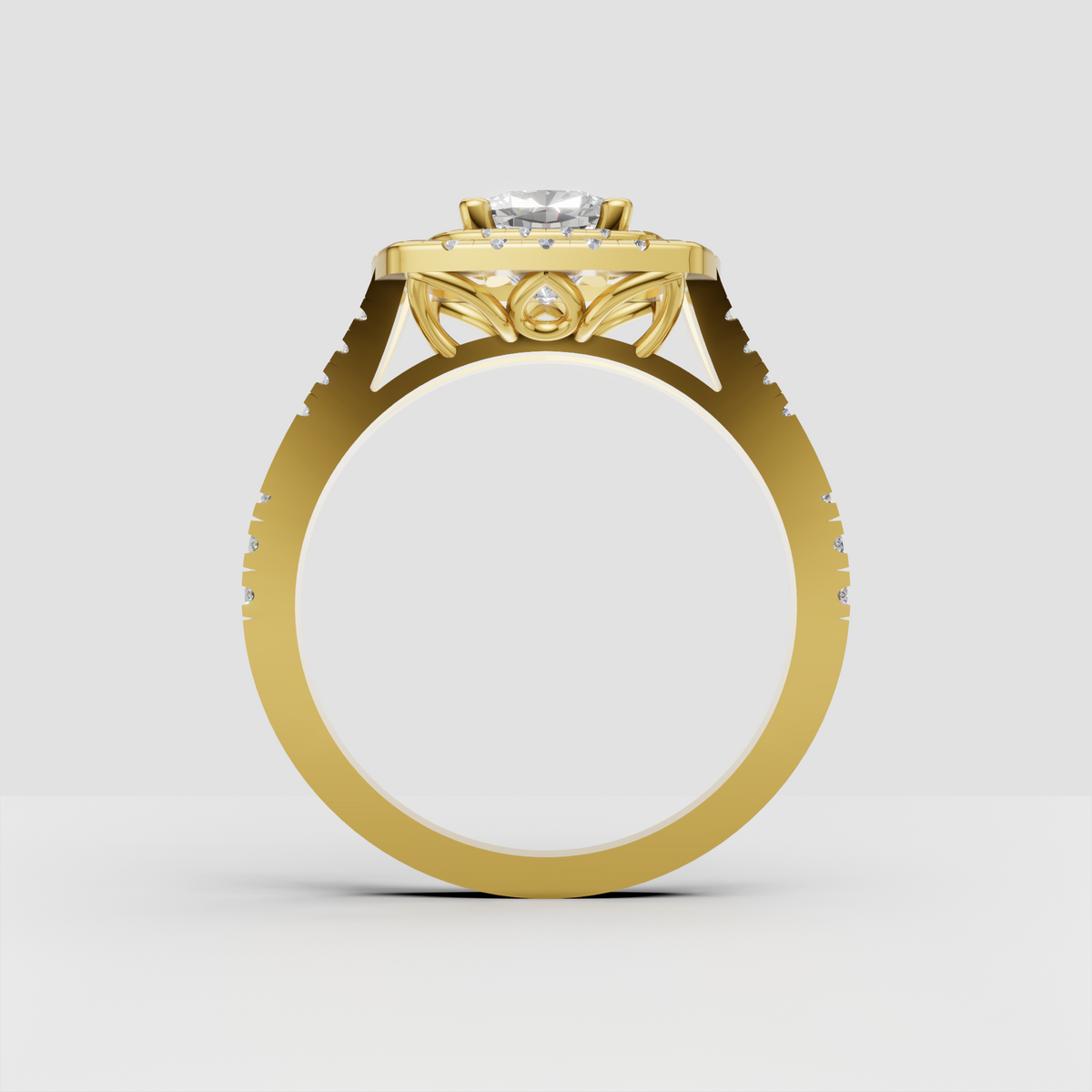 Yellow gold cushion cut diamond ring with split pave shank