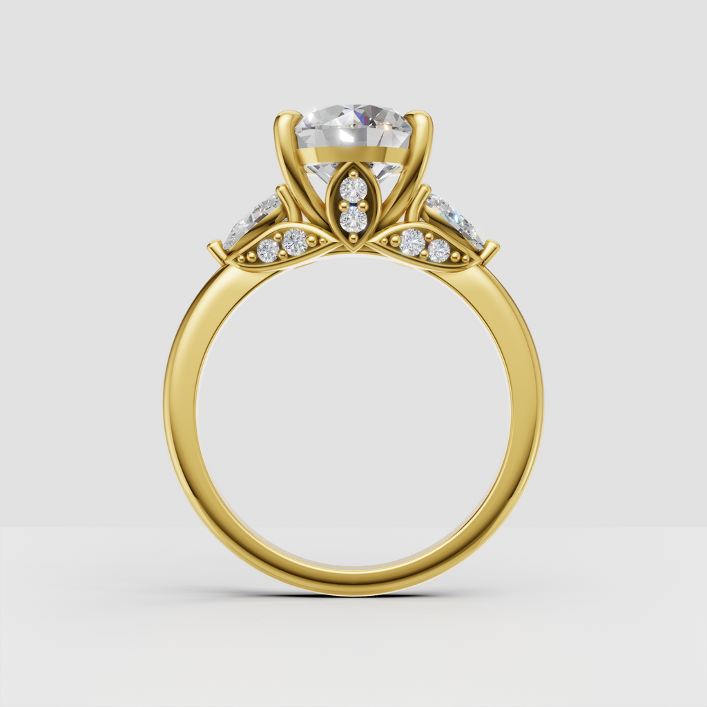 Three-stone diamond engagement ring with pave accents