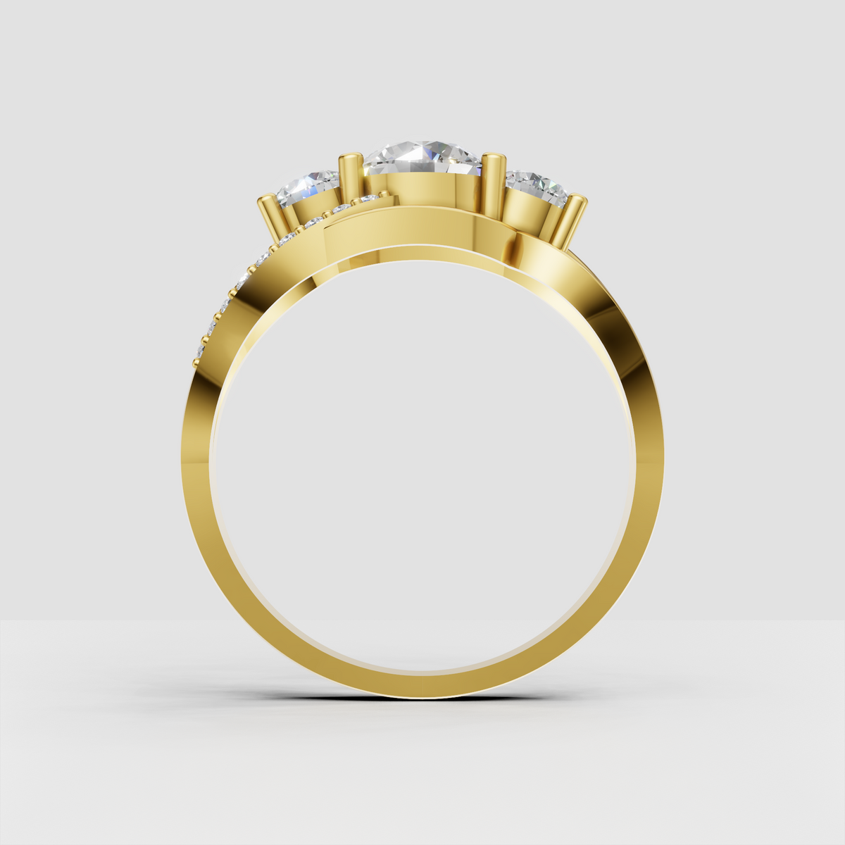 Yellow gold three stone engagement ring with round diamonds