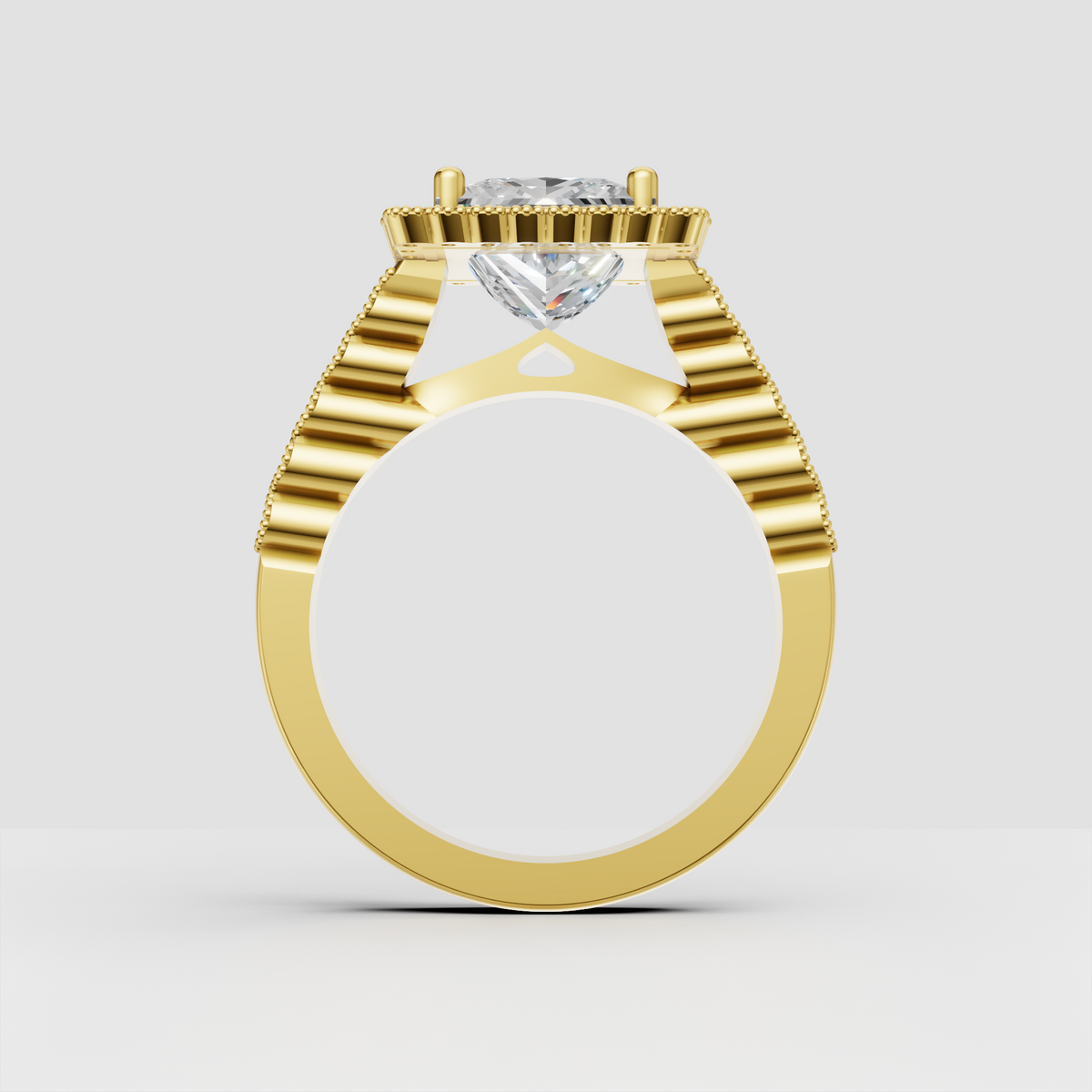 Vintage-inspired square diamond halo ring with detailed beaded milgrain border
