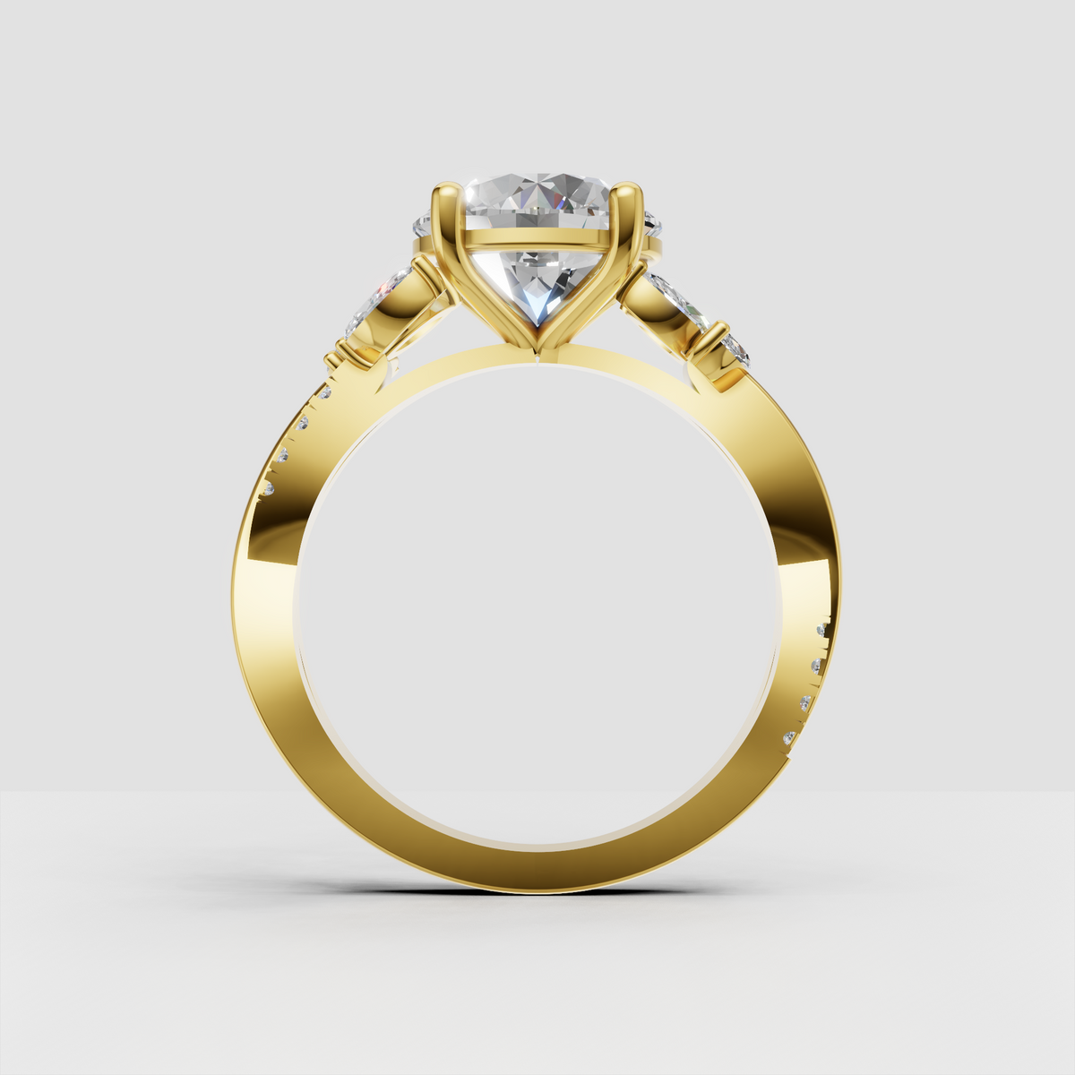 Luxury round diamond ring with sculptural floral side stone design