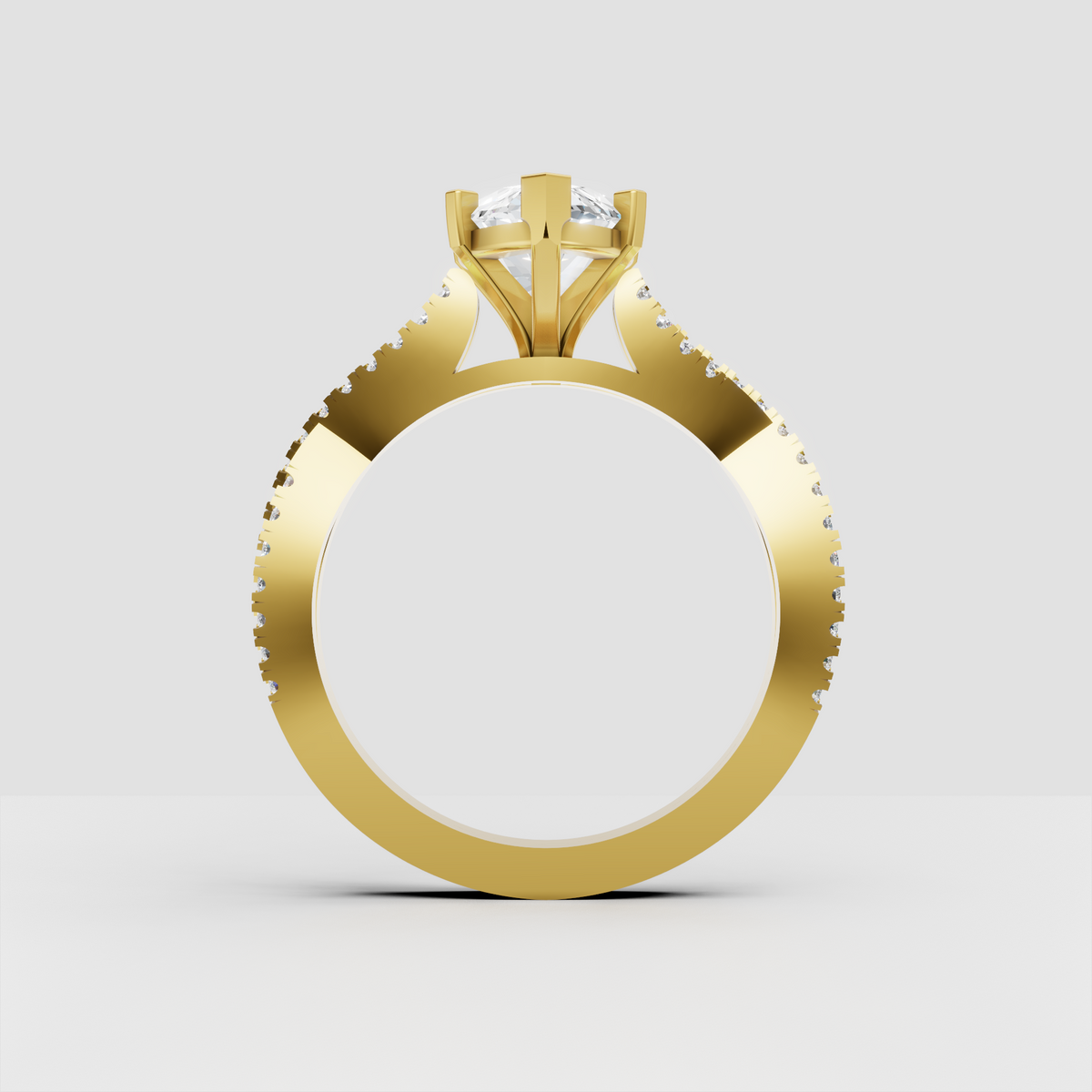 Side view of marquise diamond engagement ring showing elevated cathedral setting and intricate open detailing.