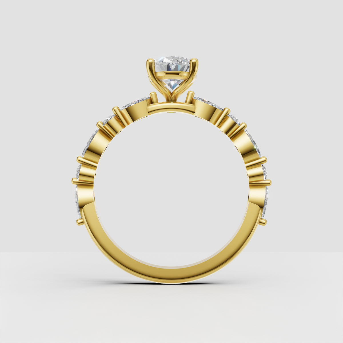Oval solitaire diamond ring with alternating round and marquise accents