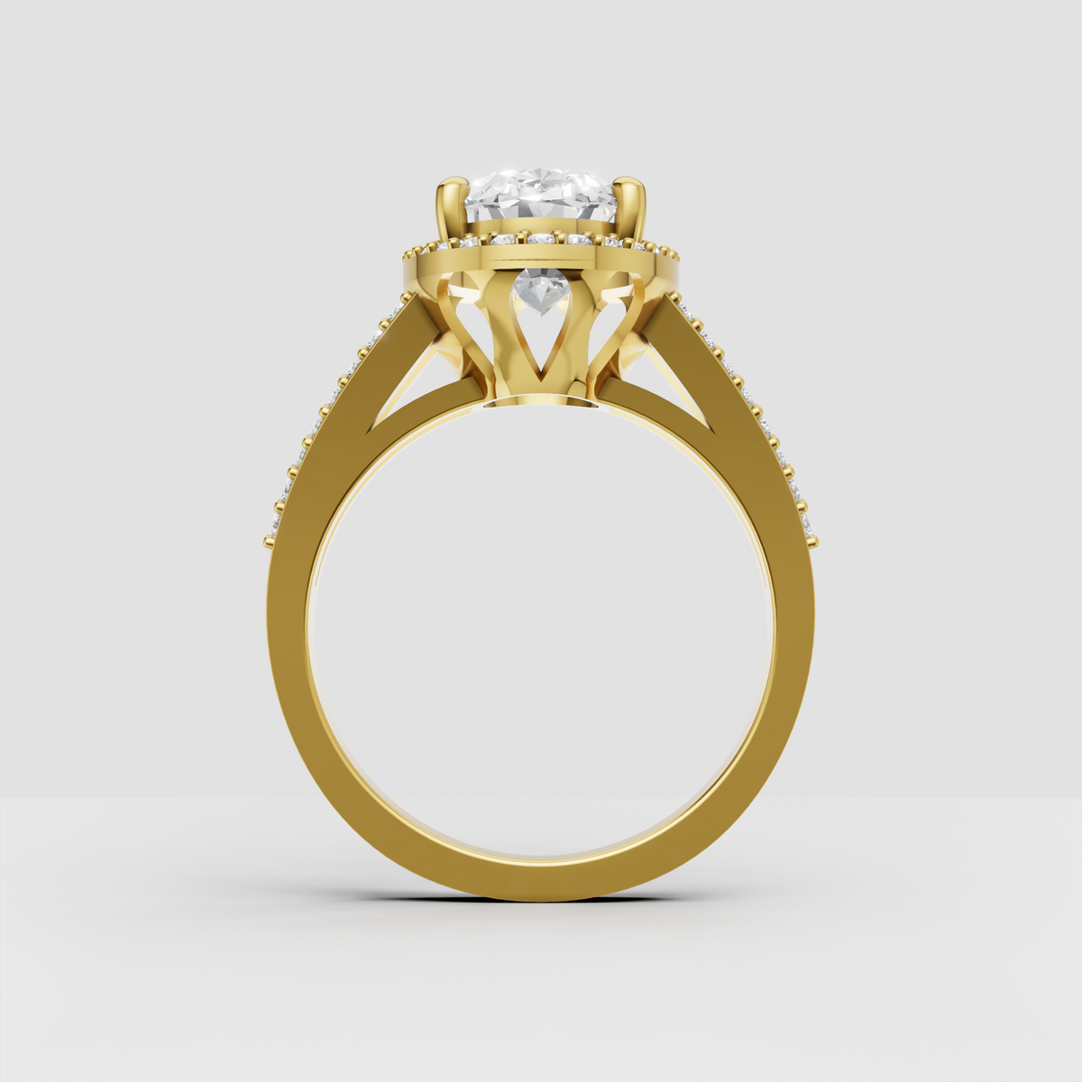Oval halo engagement ring with a split shank pavé band.