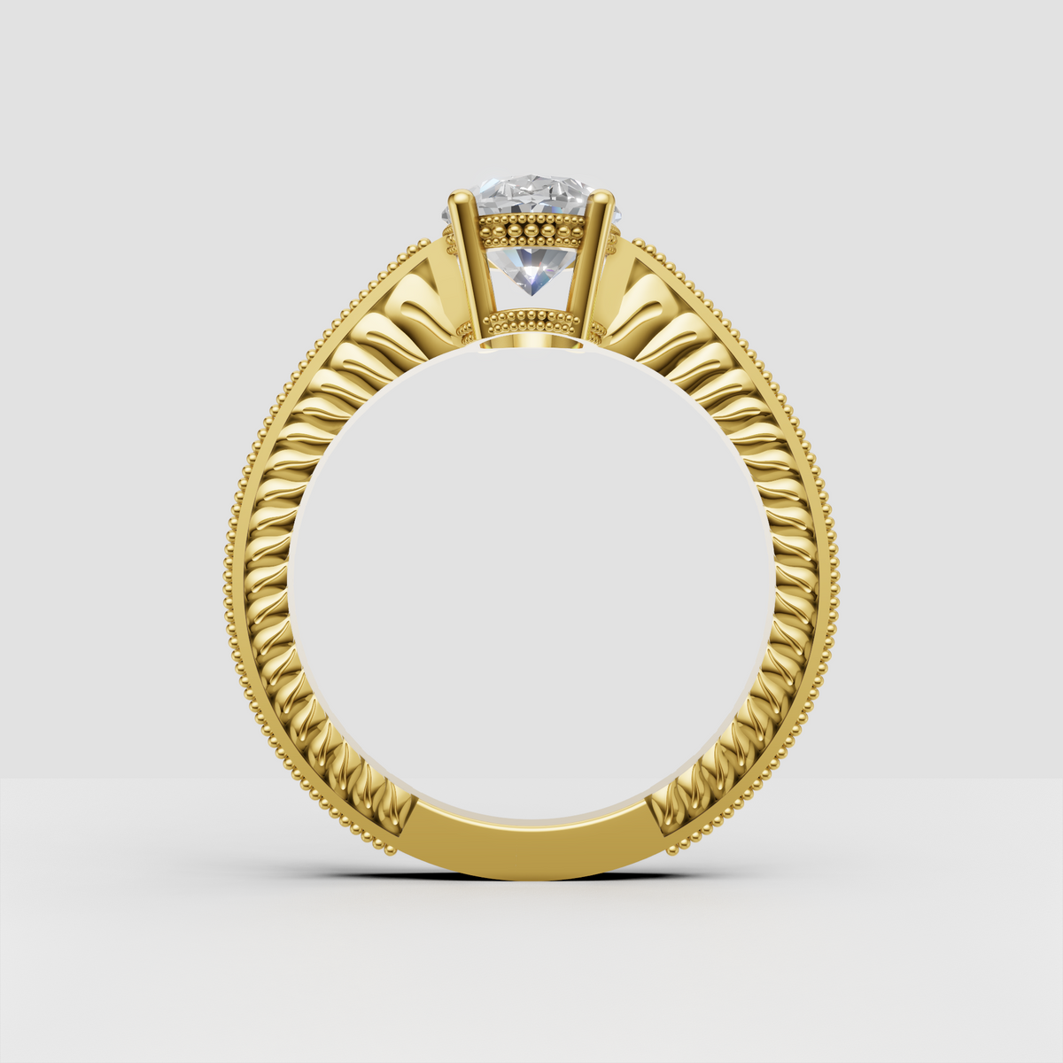 Vintage oval diamond ring with four-prong basket setting and detailed shoulders