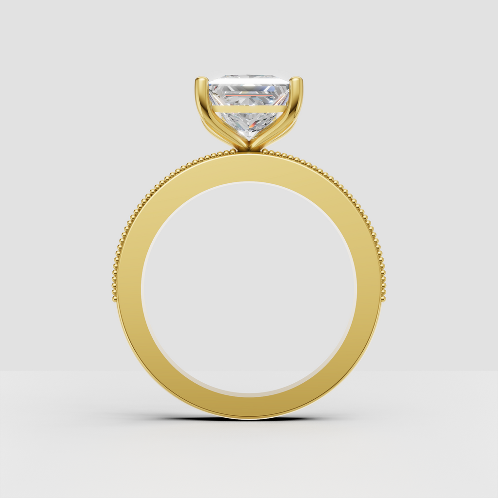 Princess-cut center diamond ring with round accent stones and polished shank