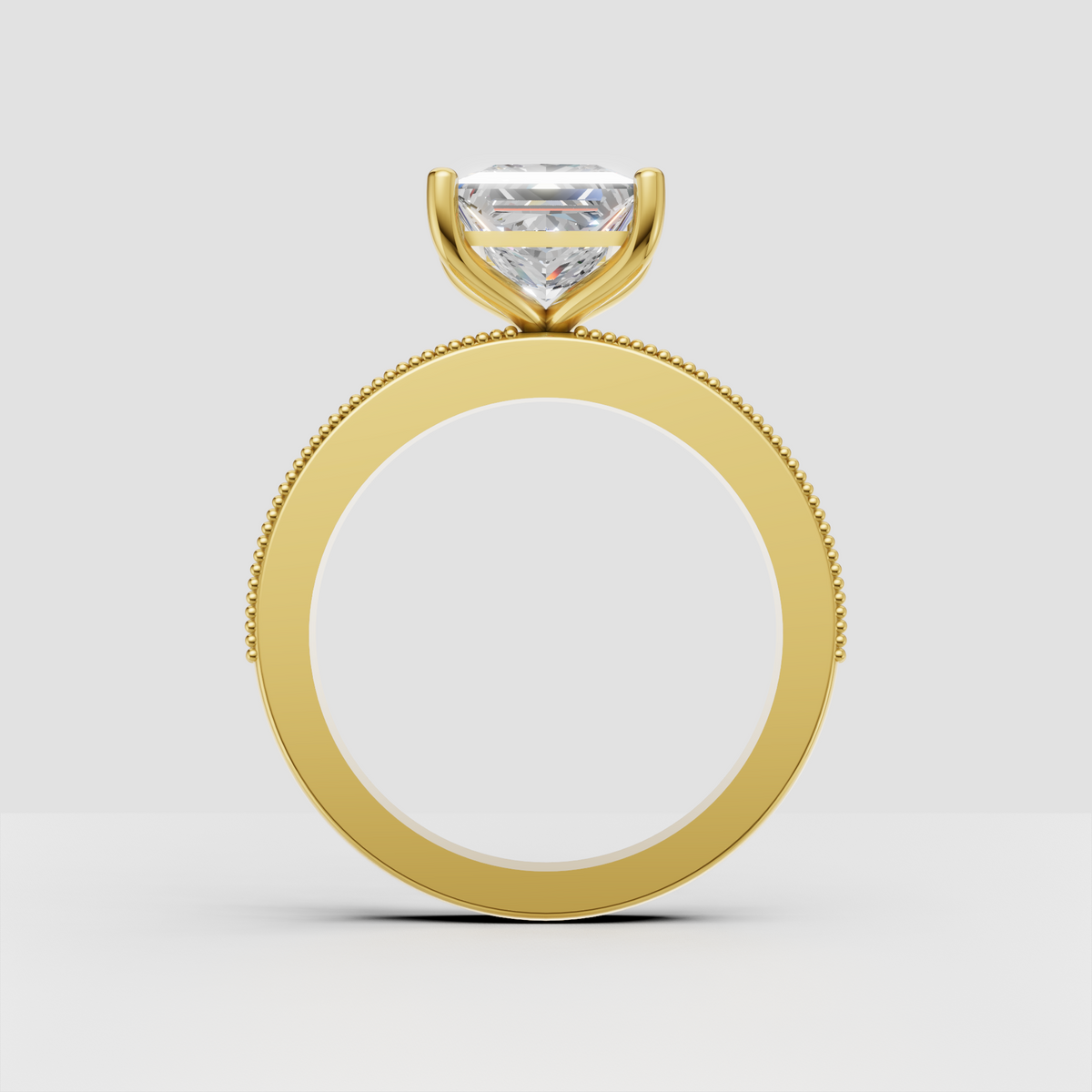 Princess-cut center diamond ring with round accent stones and polished shank