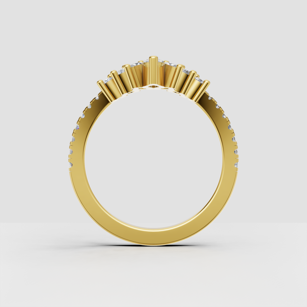 Yellow gold curved wedding band featuring marquise and round diamonds