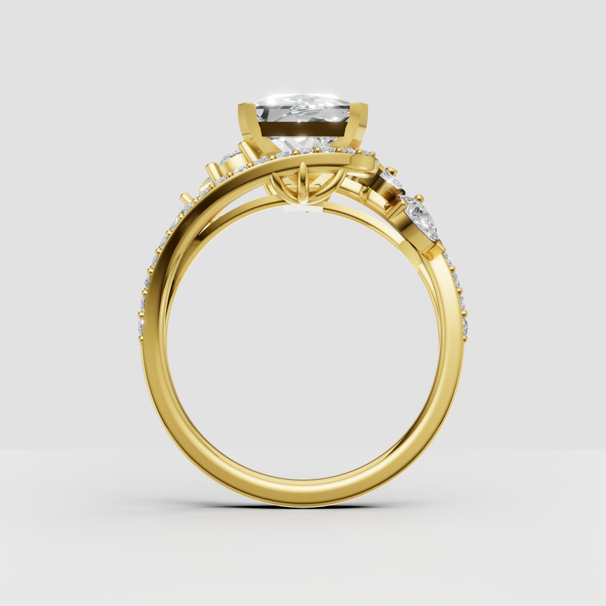 Princess diamond ring featuring marquise pear and round side diamonds