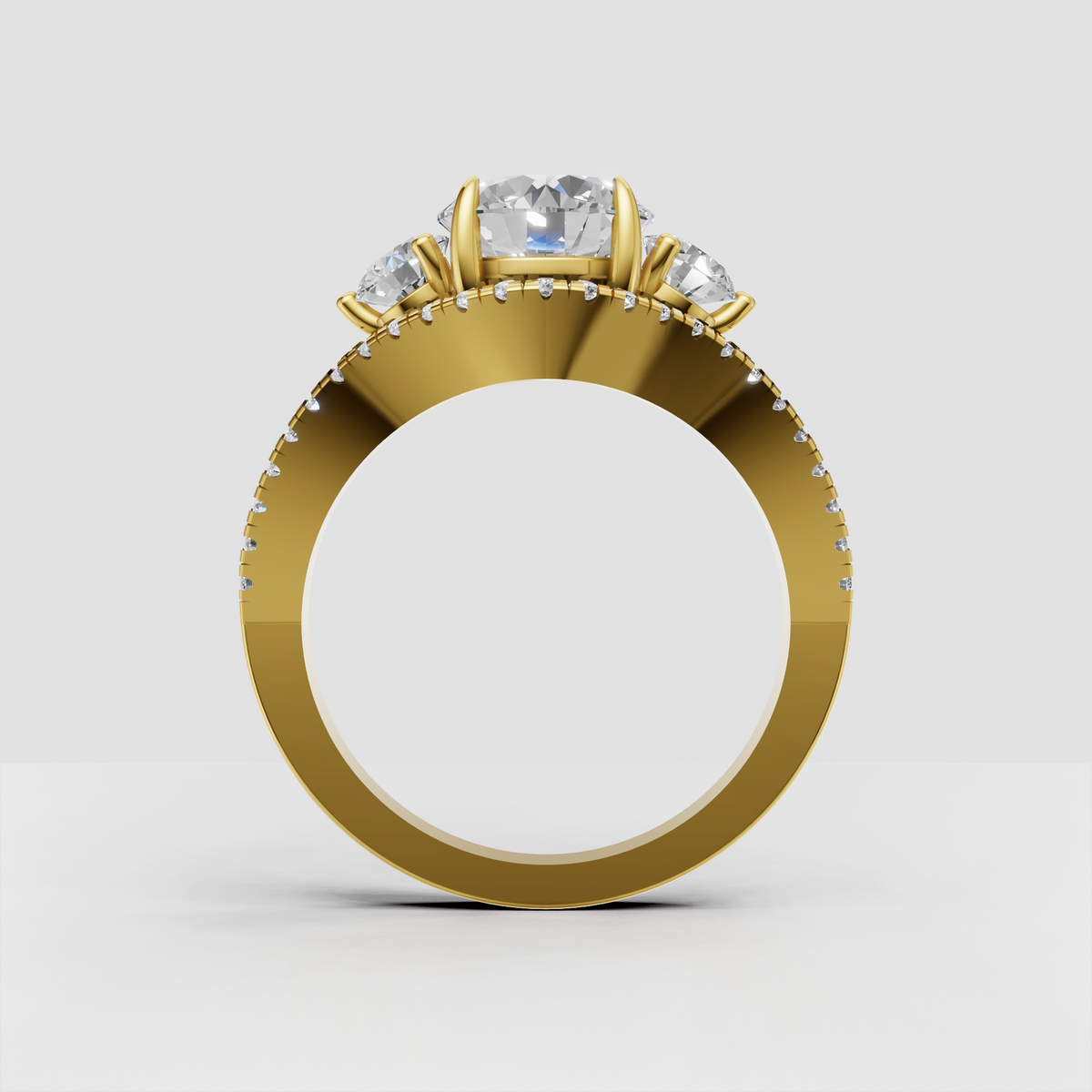 Round cut diamond ring with double halo and split shank