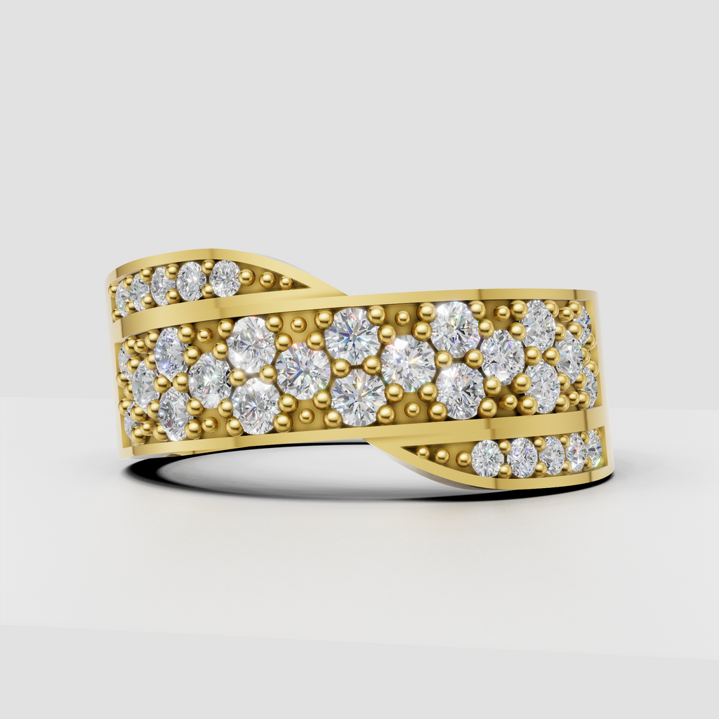 Round diamond crossover multi row pave band ring
