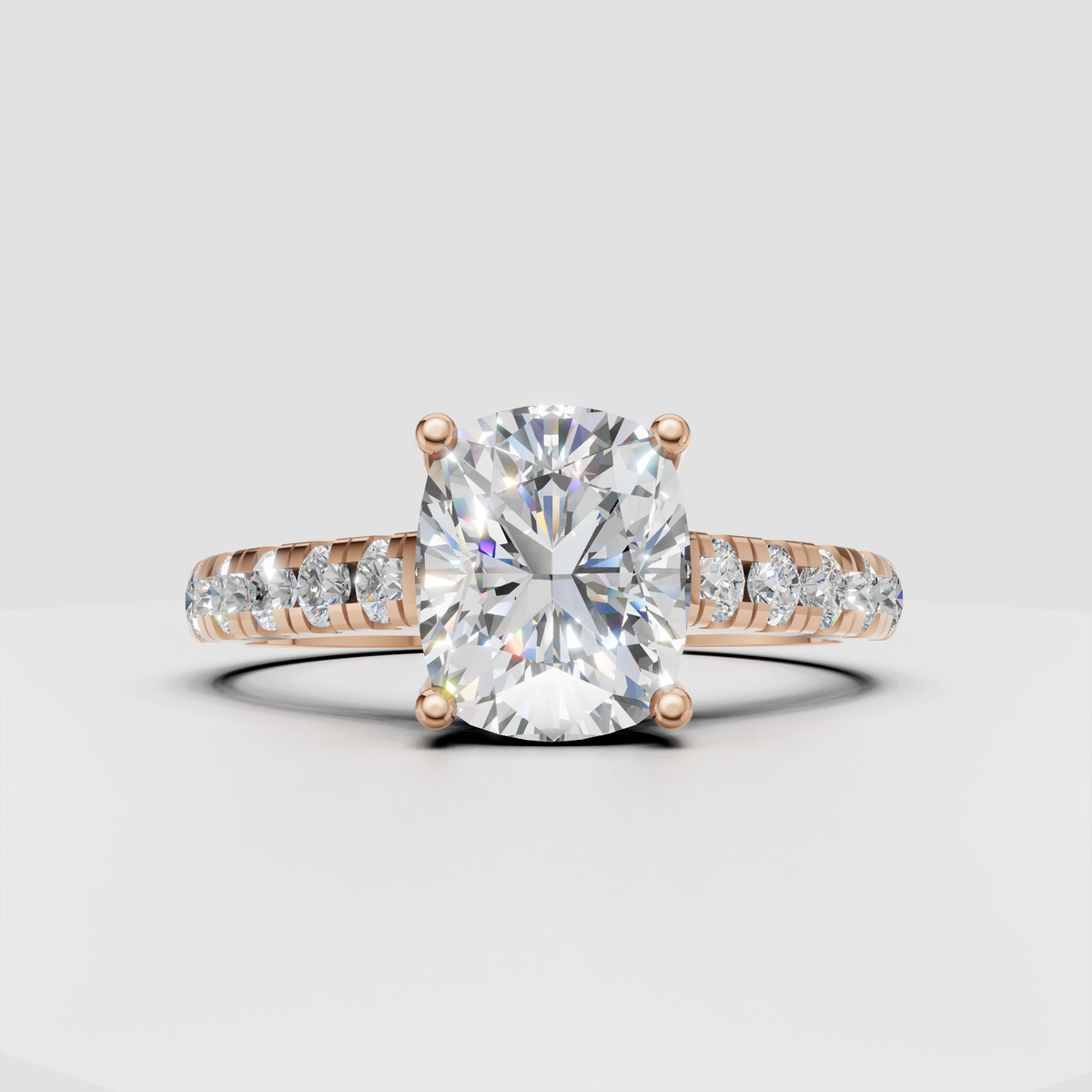 Elegant cushion cut diamond ring with cathedral shoulders