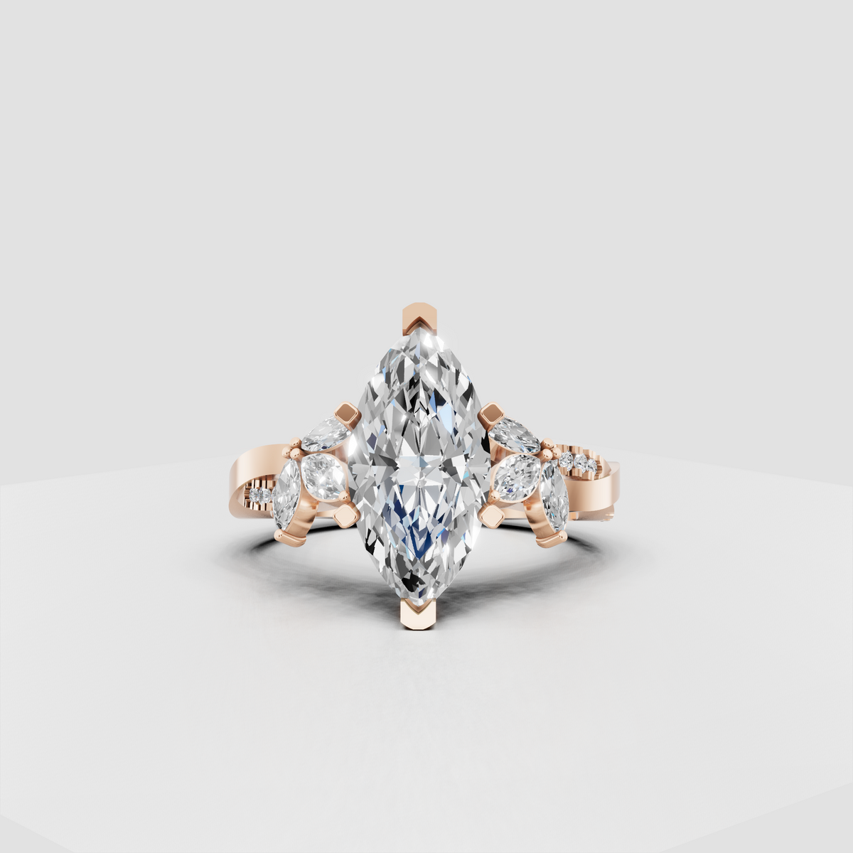 Marquise diamond ring with polished metal band and floral setting