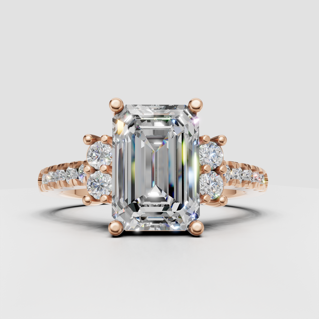 Statement emerald cut diamond ring with intricate side stone setting