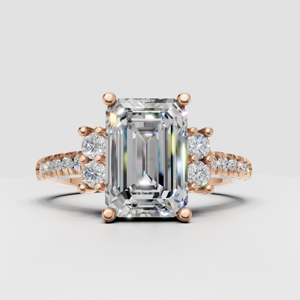 Statement emerald cut diamond ring with intricate side stone setting