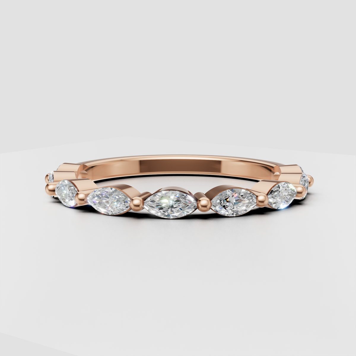 Marquise diamond bezel eternity ring viewed from the front