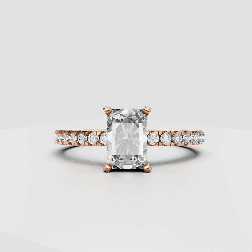 Yellow gold radiant Diamond ring showcasing a full pavé engagement band