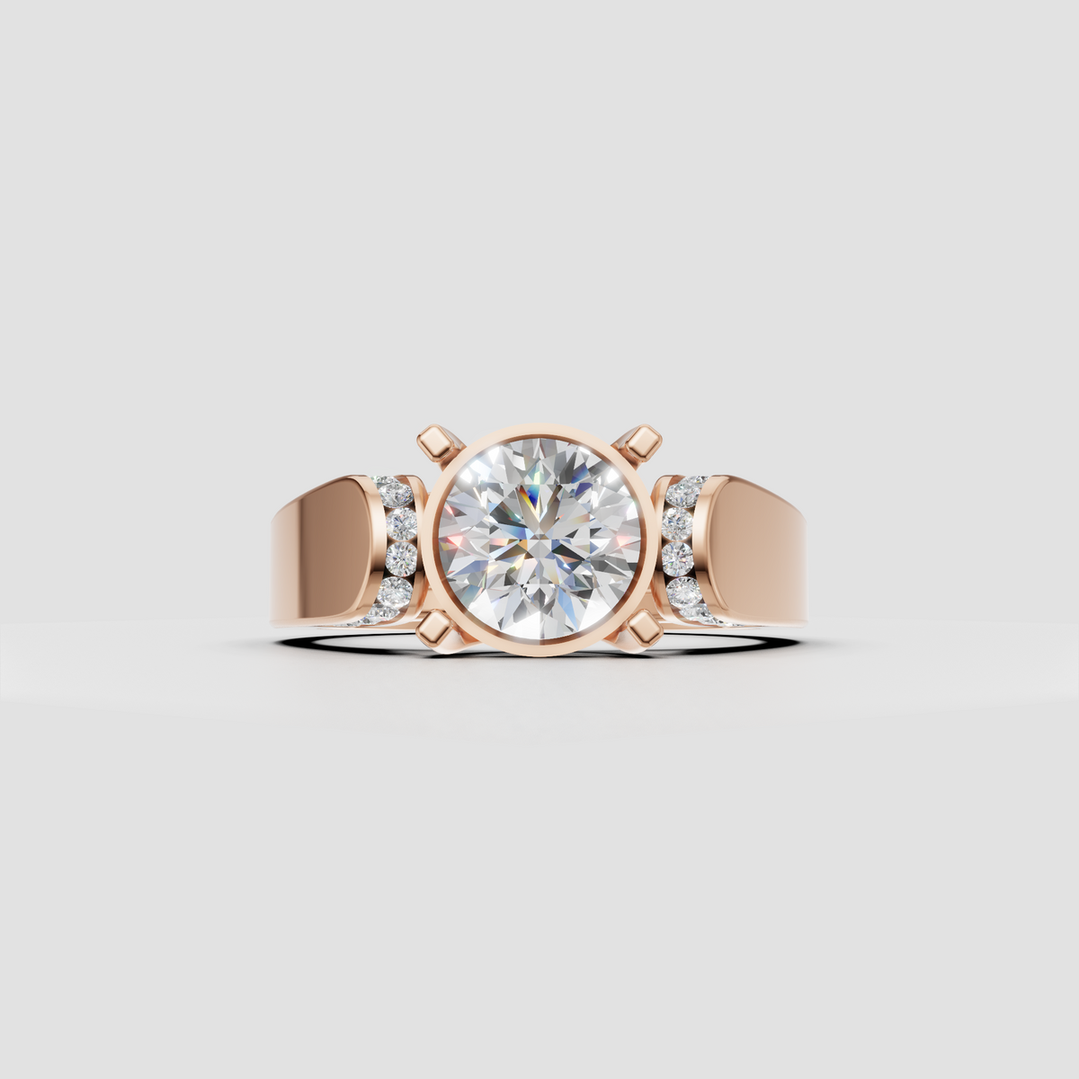 Round diamond bridal ring with bezel frame and substantial polished shoulders