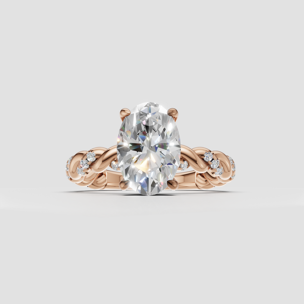 Unique oval diamond twisted engagement ring with polished gold finish