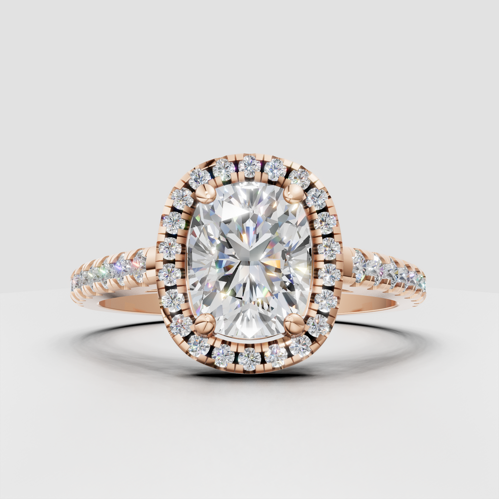 Cushion cut diamond ring with round diamond halo