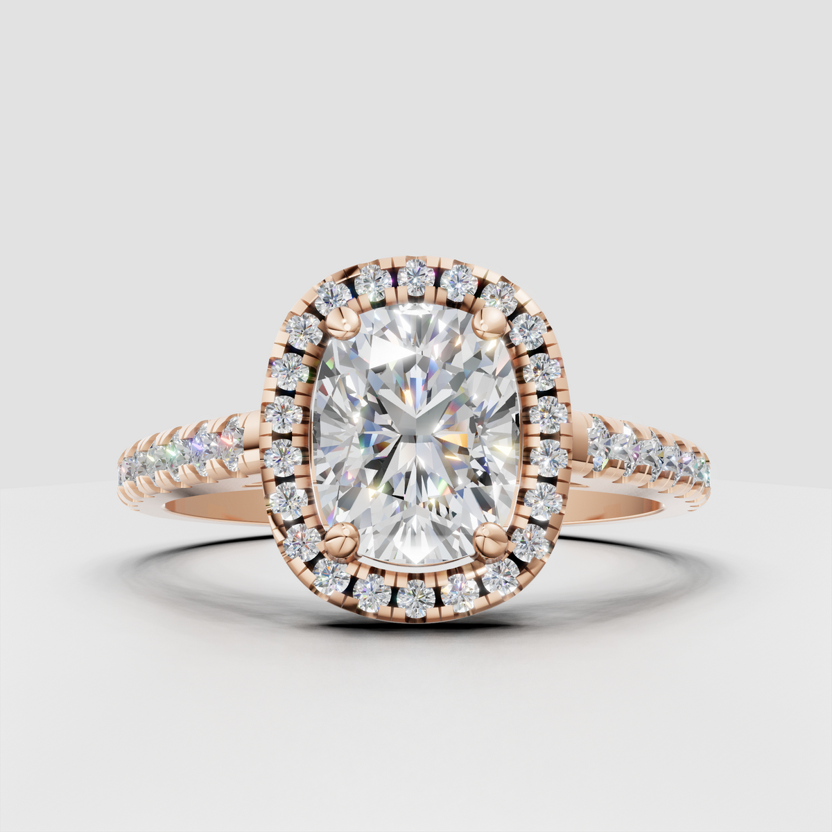 Cushion cut diamond ring with round diamond halo
